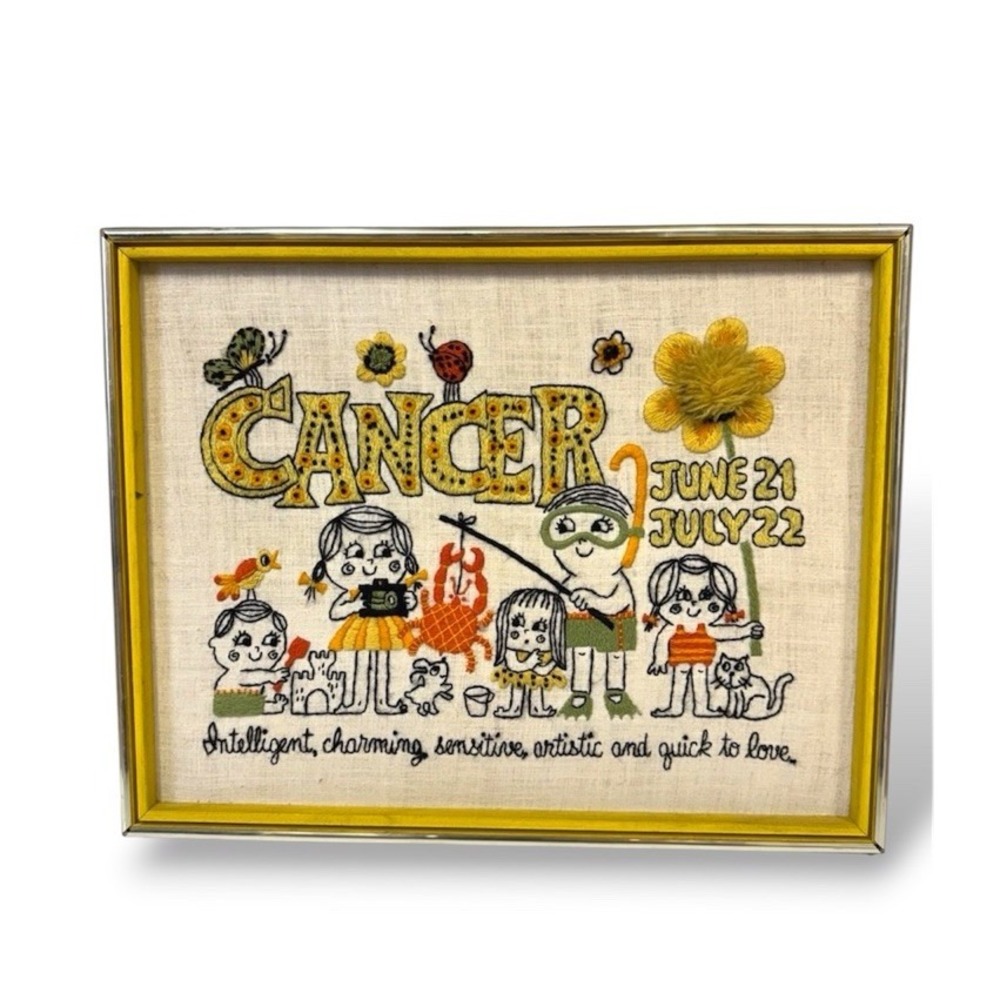 Vintage Cancer Zodiac Crewel Embroidery Framed Finished Needlework 70s Crab June
